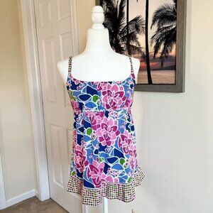 Lilu Tank Top | Spaghetti Strap | Pink & Blue Floral Print | Medium | Y2K